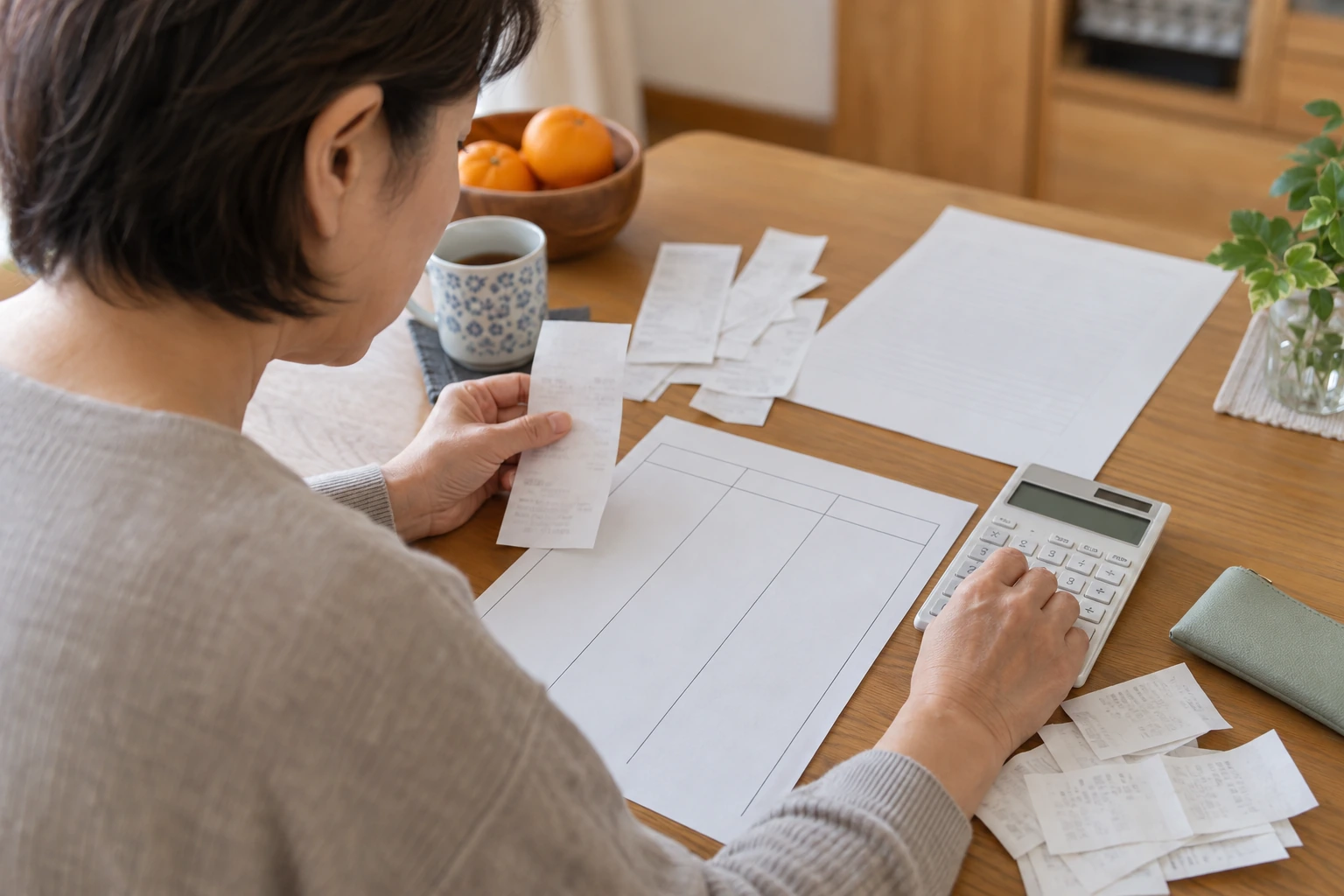 家計の月予算を計算する日本人女性
