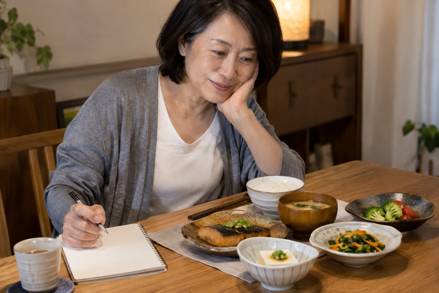 食費の領収書と計算機を並べる日本人女性