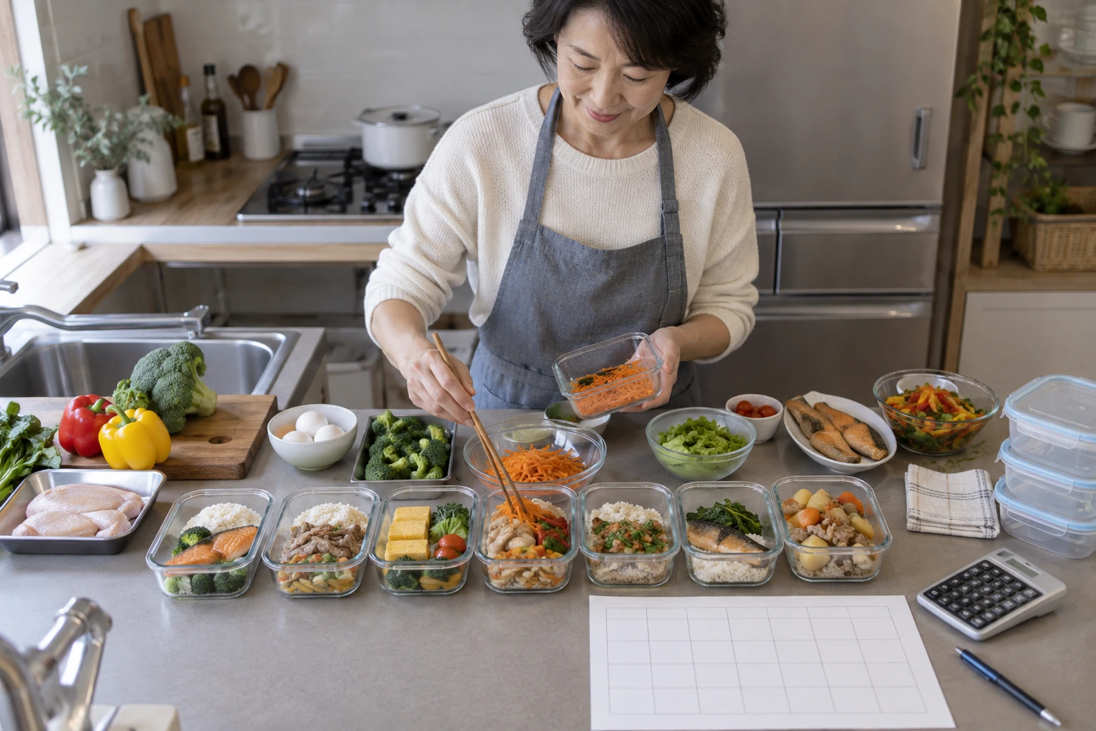 一週間分の食材と保存容器を並べる日本人女性