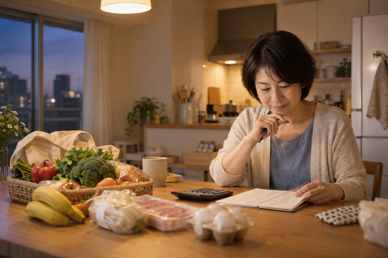 領収書と買い物メモを見ながら食費を見直す日本人女性