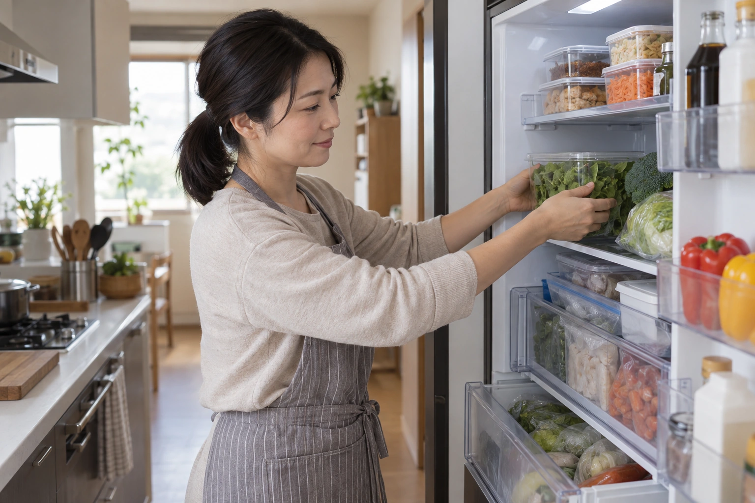 冷蔵庫の庫内で野菜や作り置き容器を整理する日本人女性