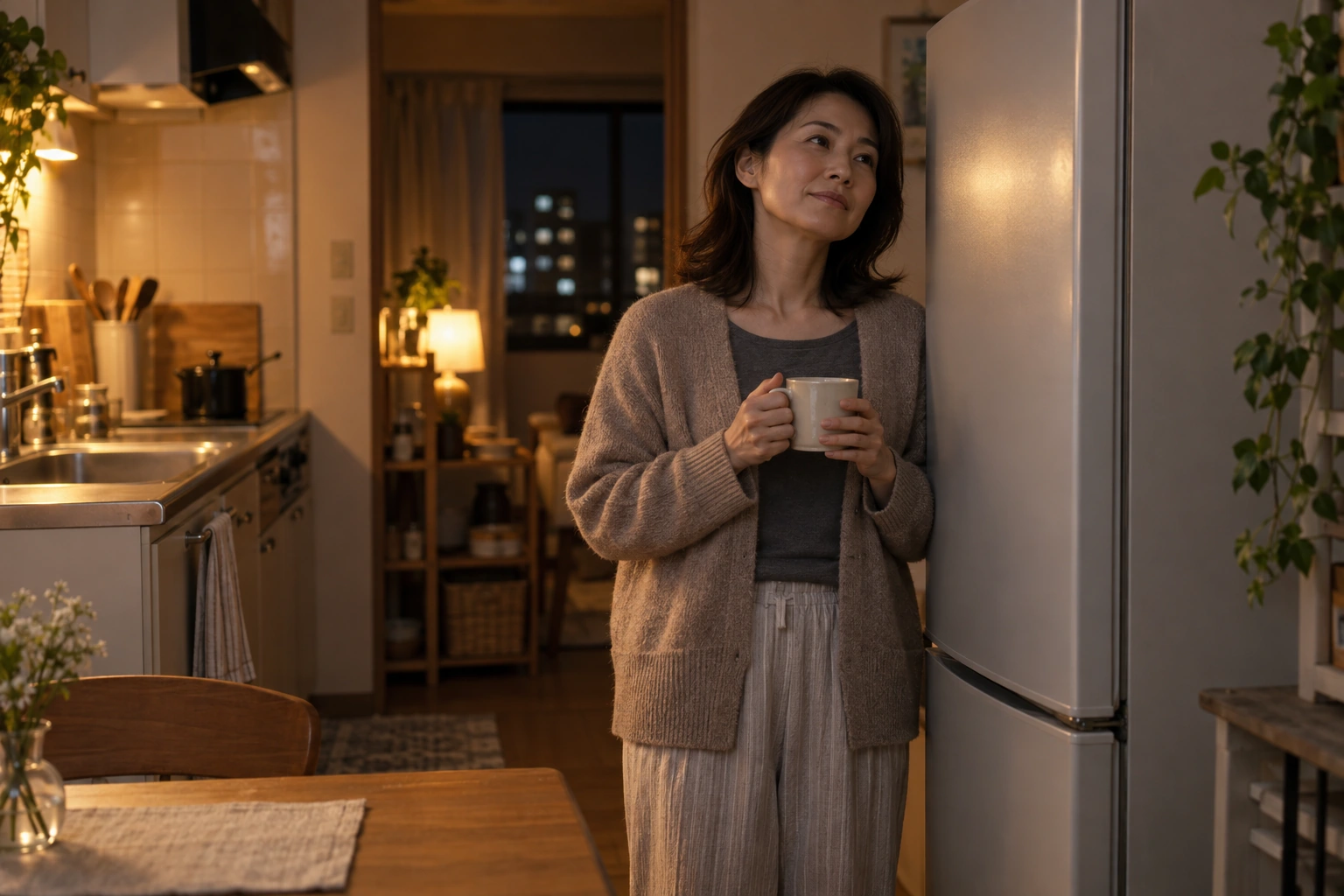 夜のキッチンで冷蔵庫の運転音を確認する日本人女性