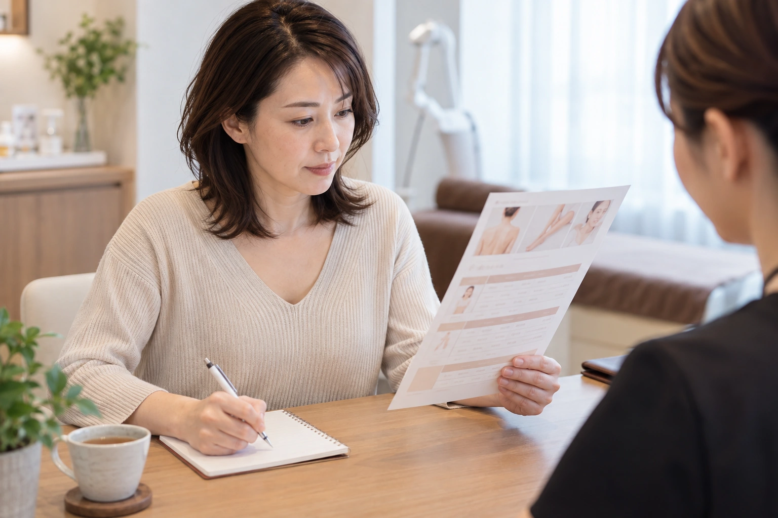 自宅で脱毛サロンのプラン資料を読み比べる女性