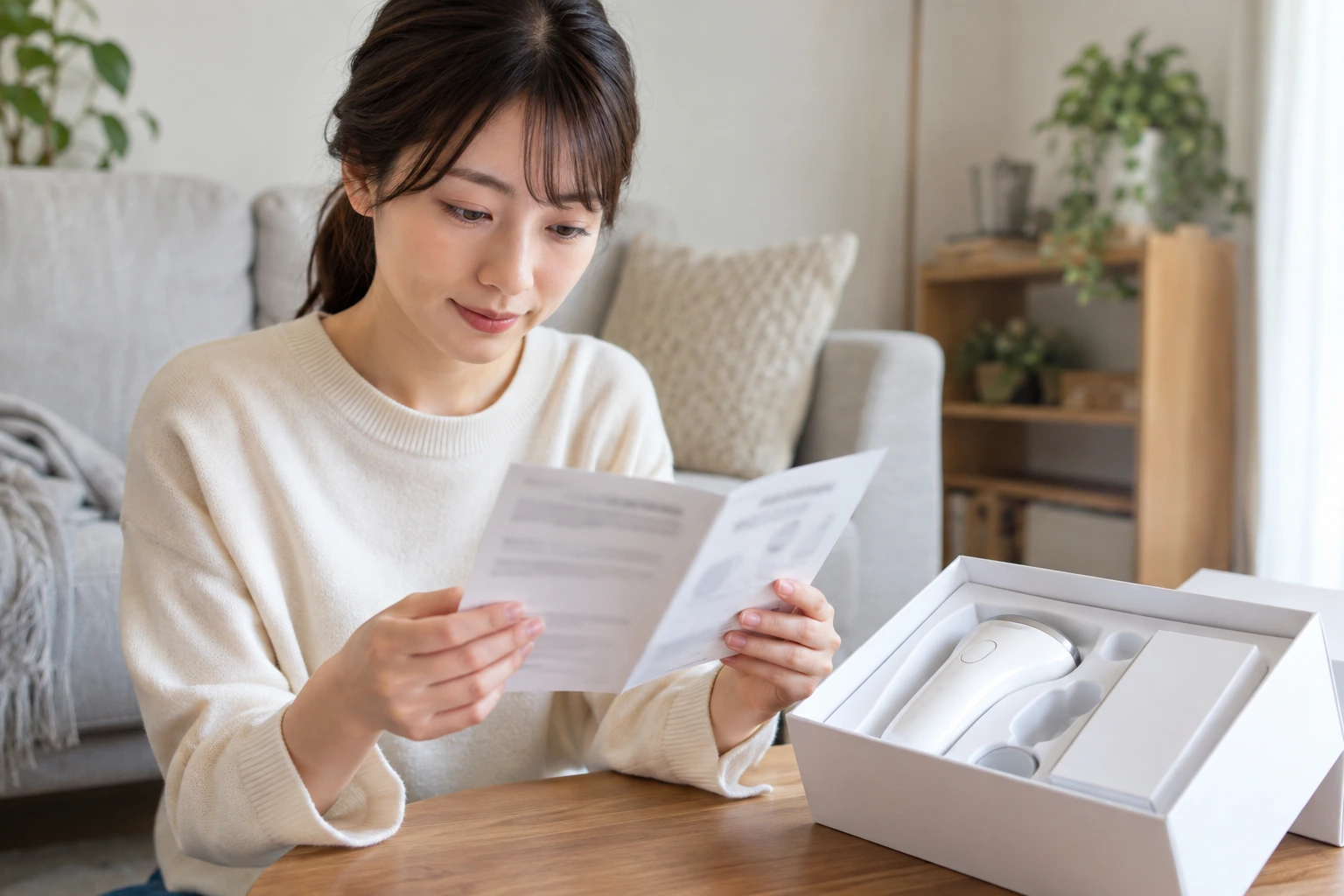家庭用の光美容器と説明書を照らし合わせる日本人女性