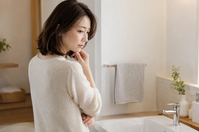 洗面台の前で脱毛を始めるか迷う日本人女性のイメージ