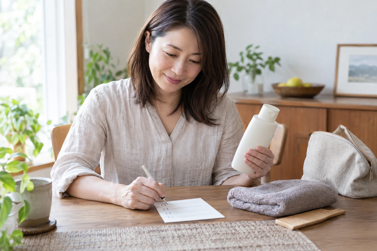 シャンプーとタオルとくしを並べて選ぶ条件を整理する女性の編集イメージ