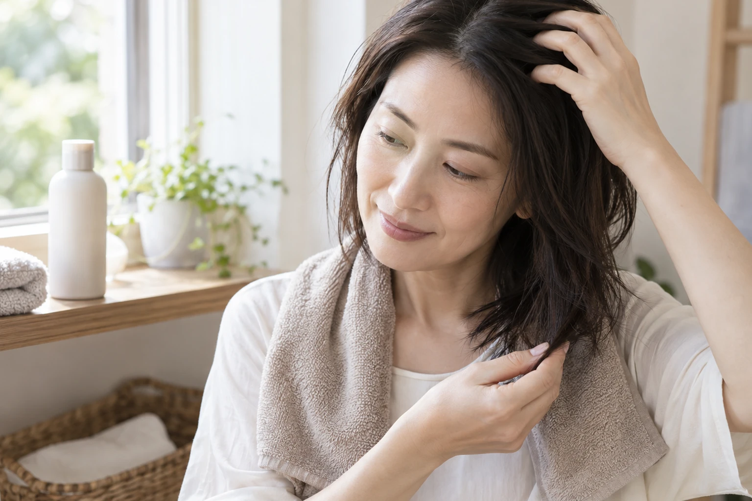 洗髪後に毛先と頭皮の状態を確かめる女性の編集イメージ