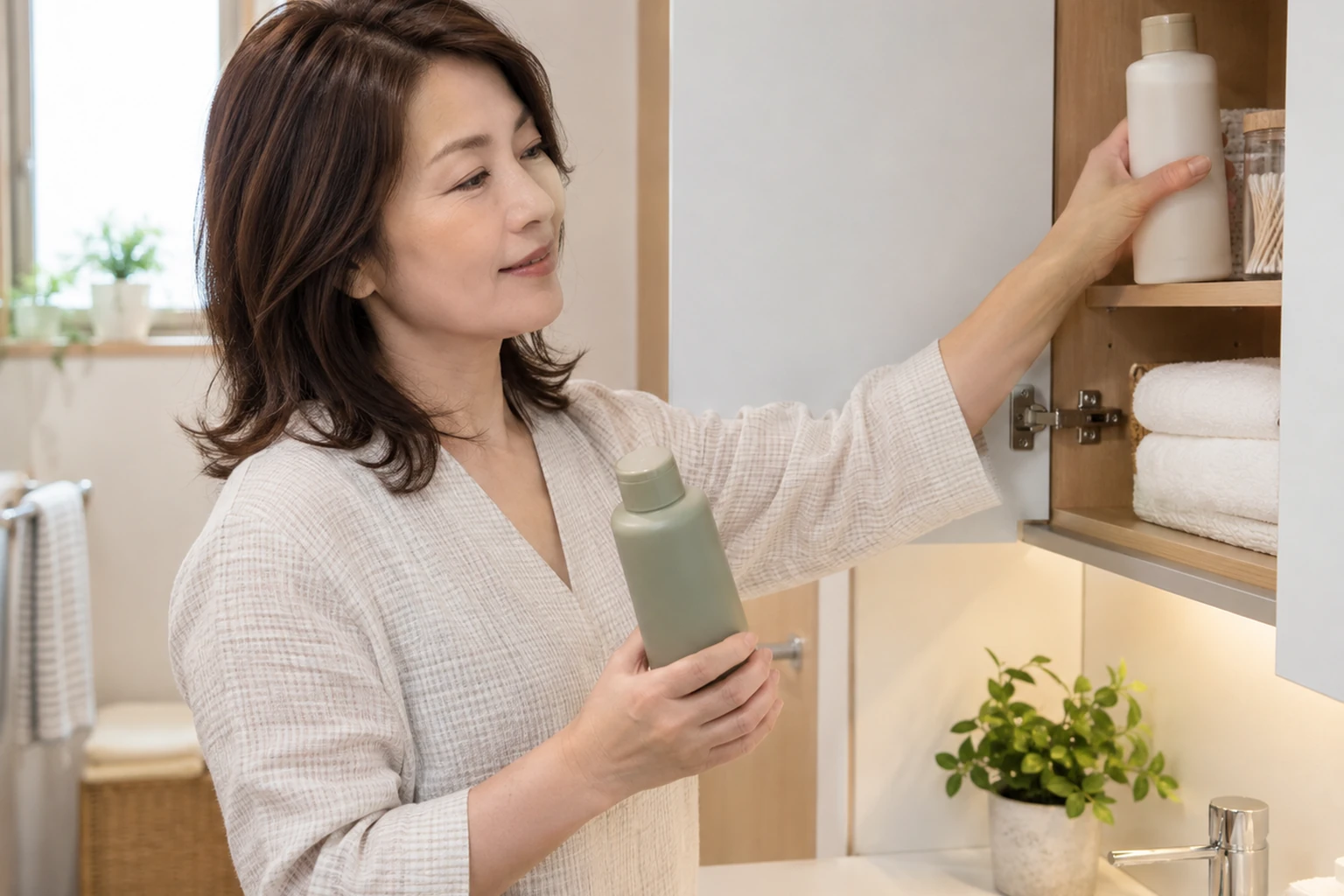 使う一本と保留する一本を洗面台の収納へ分ける女性の編集イメージ