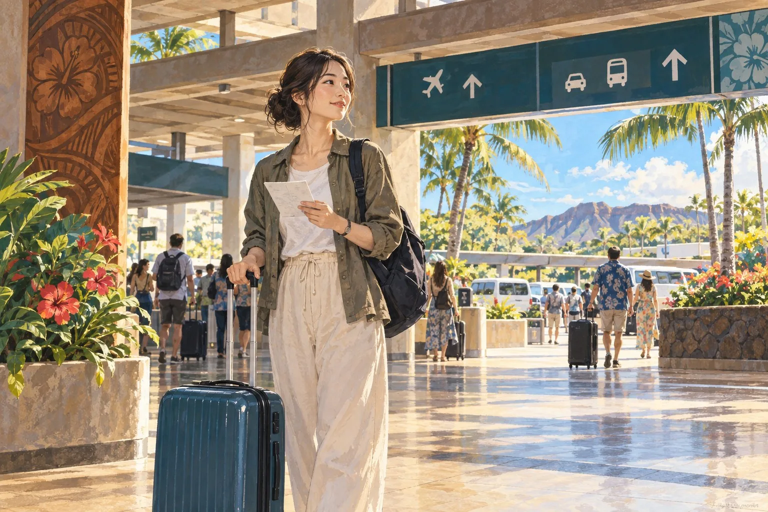 ホノルル空港でホテル住所を確認しながら到着ロビーを進む一人旅の情景イラスト