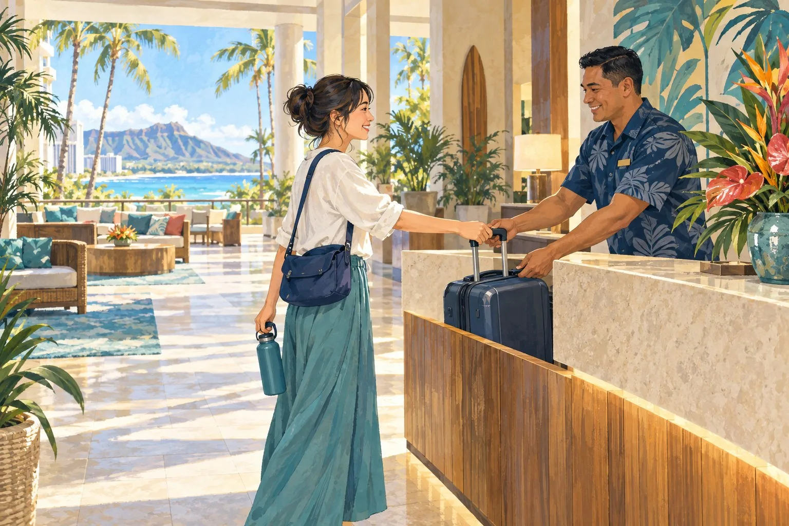 チェックイン前にワイキキのホテルで荷物を預ける一人旅の情景イラスト