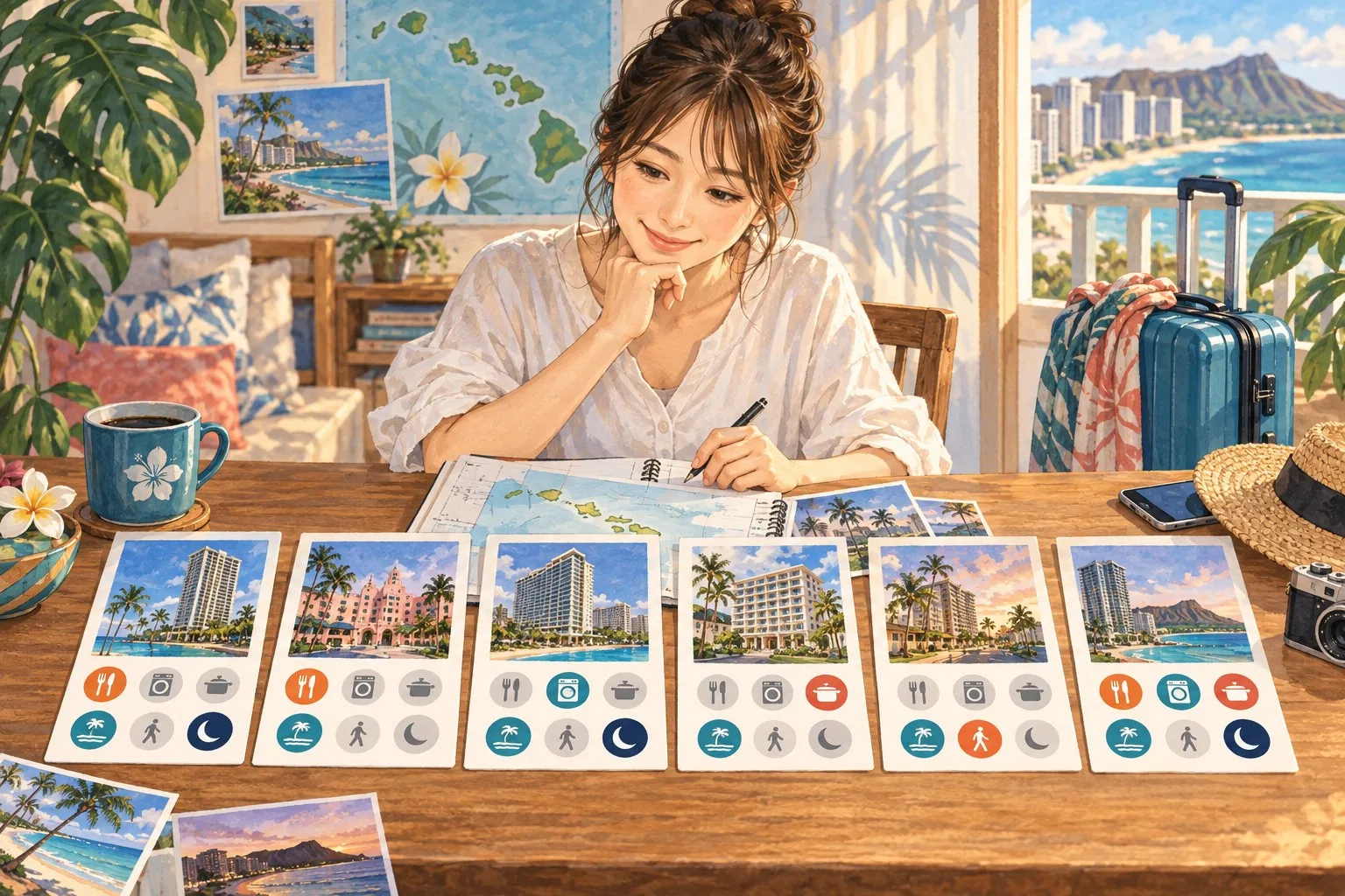 ワイキキの実用ホテル六館を朝食・洗濯・調理・海・夜の帰路から比較する情景イラスト