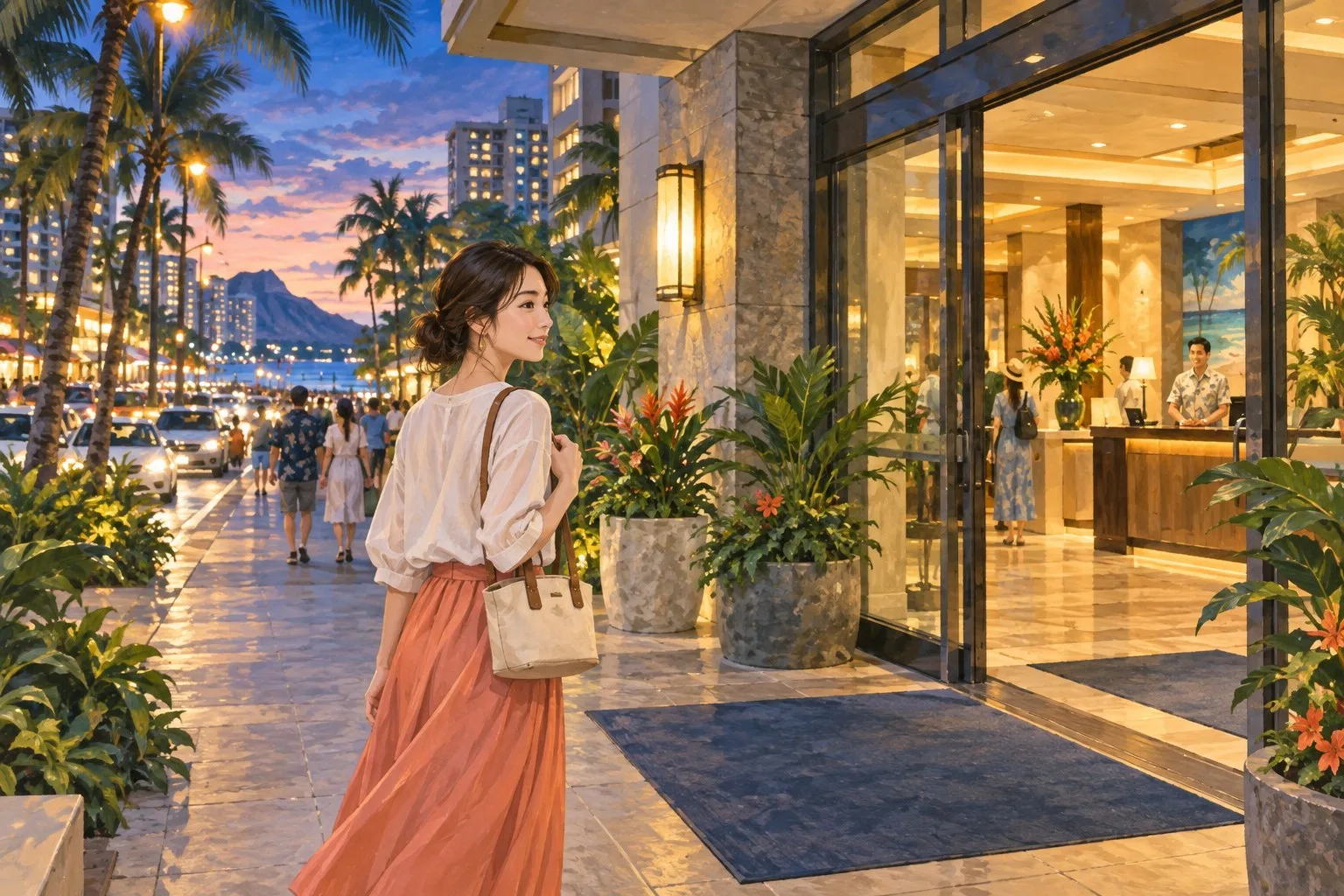 明るい大通りからワイキキのホテルへ一人で帰る夕方の情景イラスト