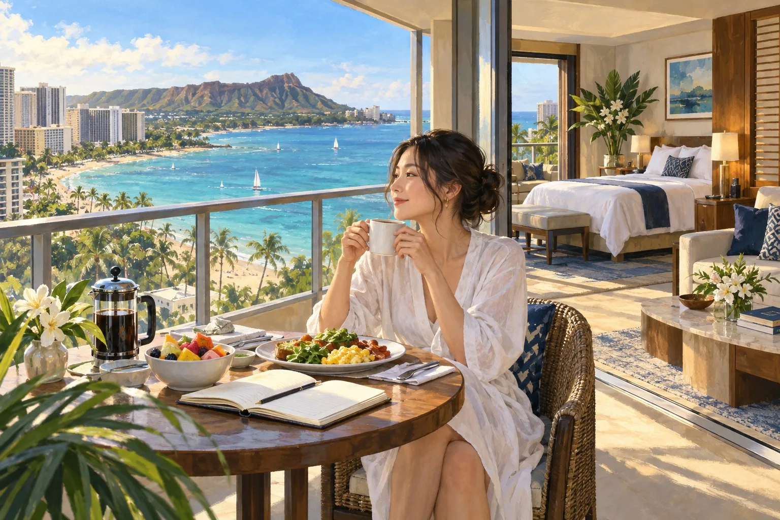 海とダイヤモンドヘッドを望むホテルのラナイで一人朝食を楽しむ情景イラスト