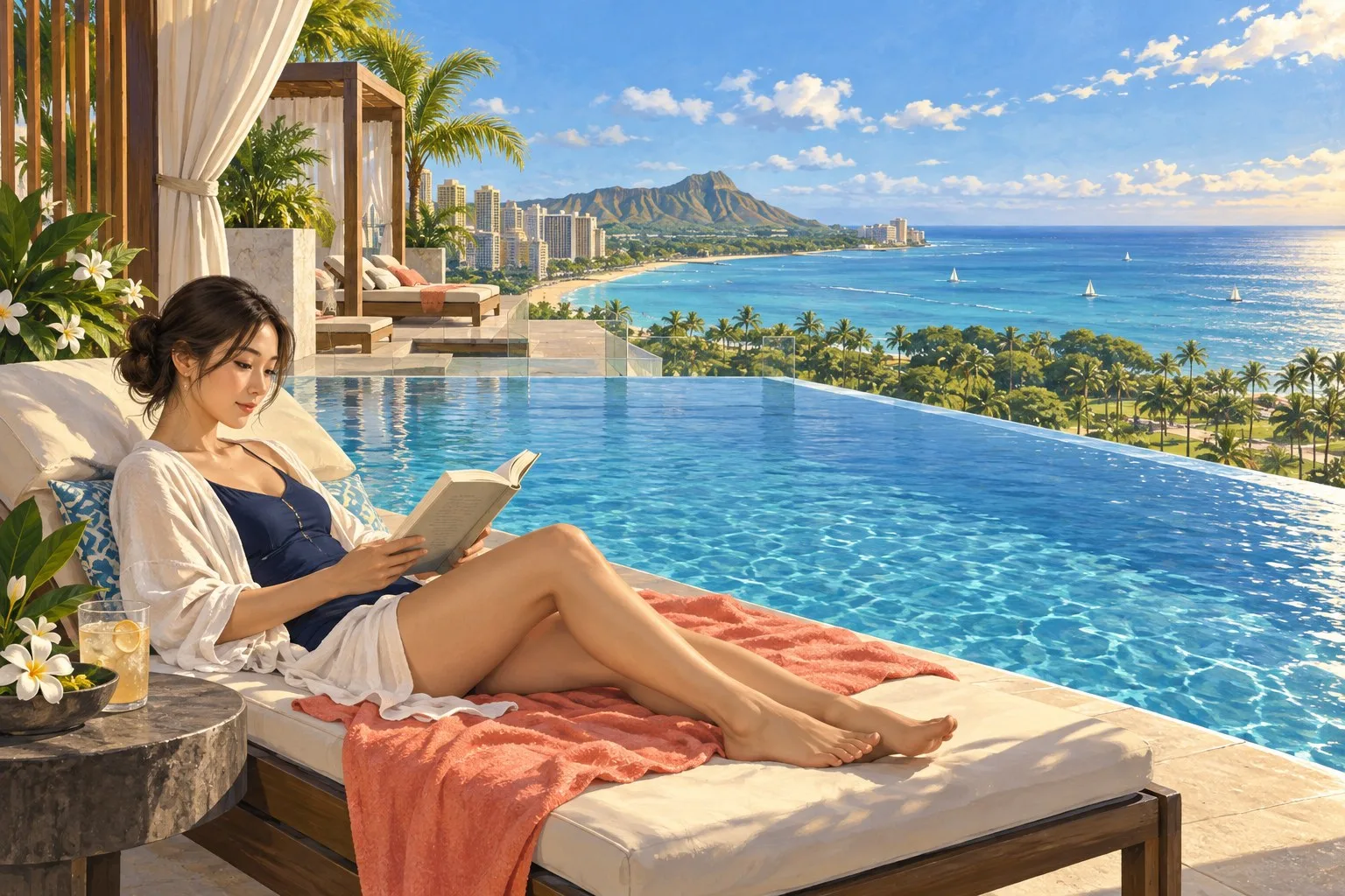 ワイキキを見渡す高層階のプールで一人読書を楽しむ情景イラスト