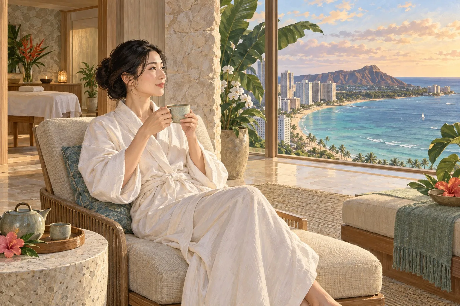 海を望むスパの休憩室で島のお茶を飲む一人旅の情景イラスト