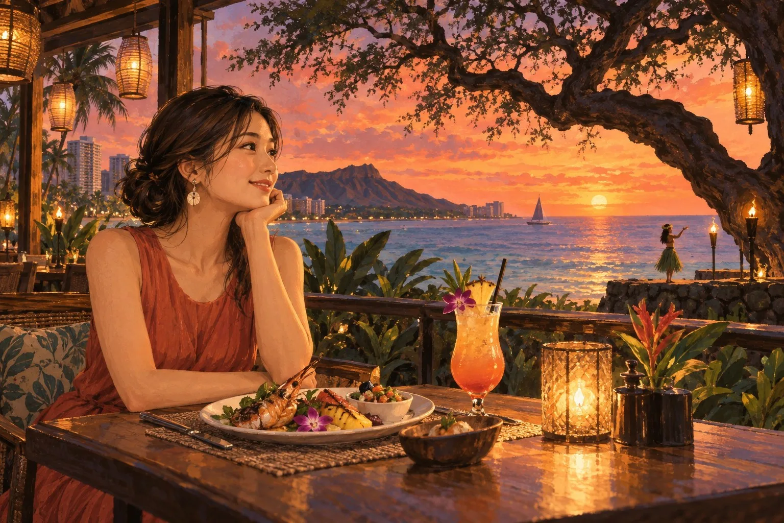海辺のレストランで夕暮れとフラを楽しみながら一人で夕食を取る情景イラスト