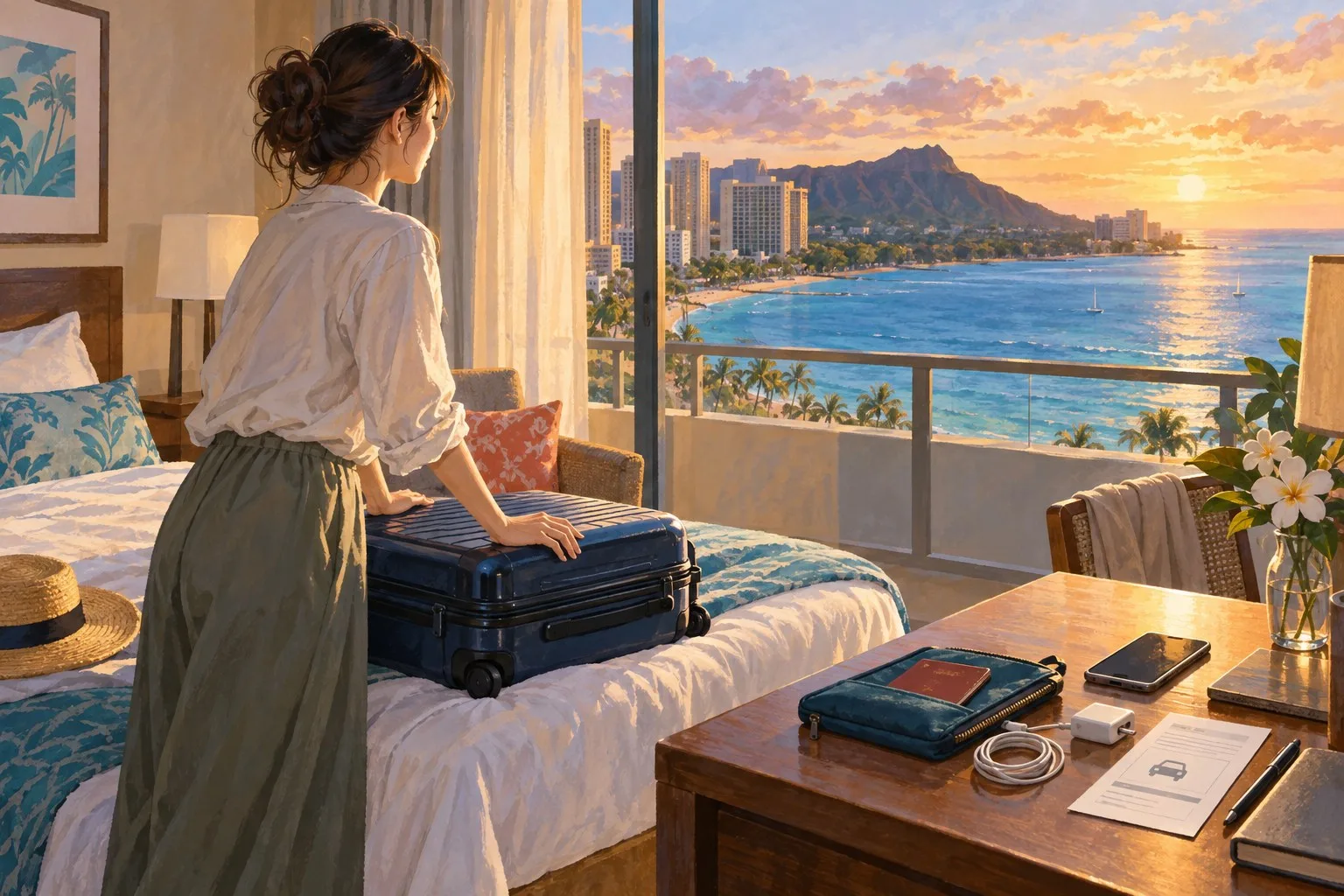 帰国朝のワイキキで荷物と空港送迎を整えて最後の海を見る一人旅の情景イラスト