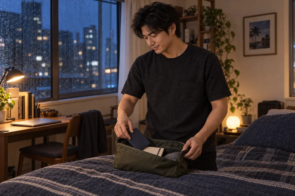 小さな旅行ポーチに旅の持ち物を入れる手元