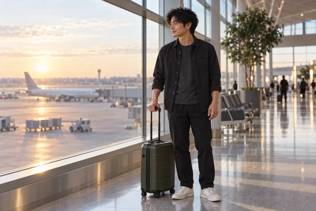 朝の空港ロビーでキャリーケースを持つ男性