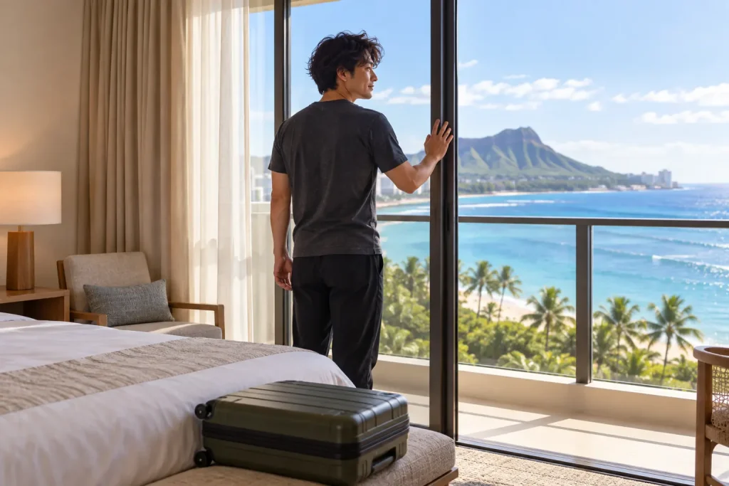 ホテルの窓際から海を眺める男性