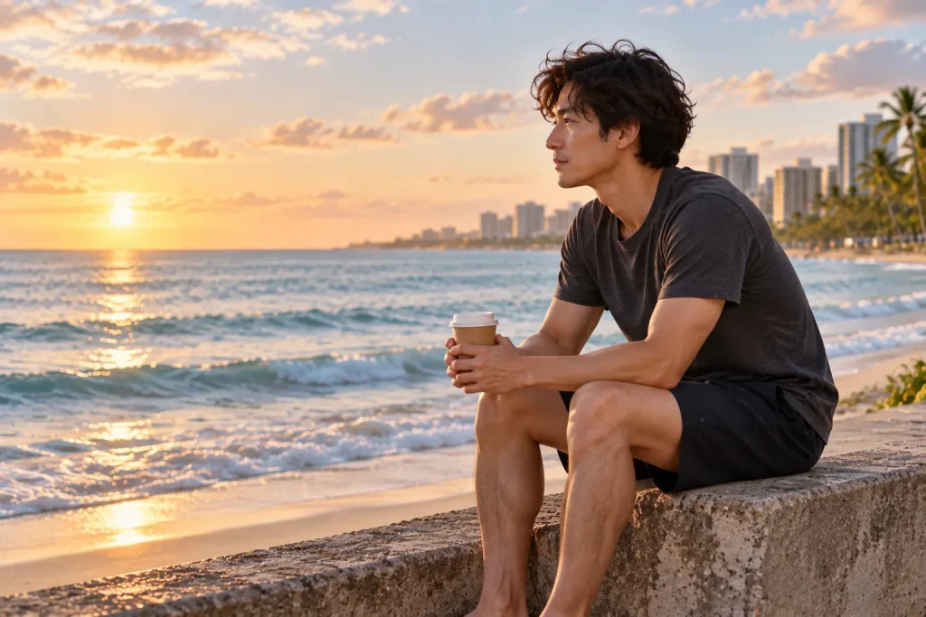 海を眺めながらコーヒーを持つ男性