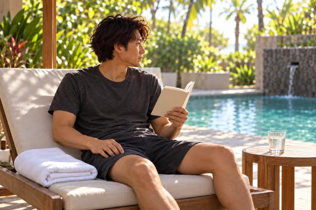 プール脇の椅子で本を読む男性