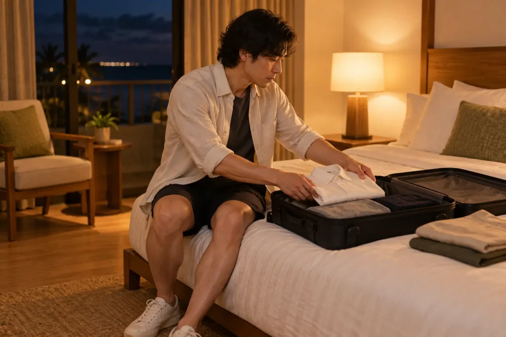 スーツケースに洗った服をしまう男性