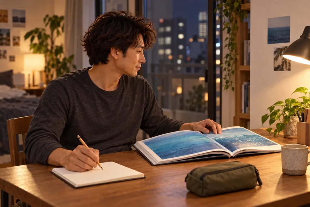 自宅の机で次の旅を考えながら本を開く男性