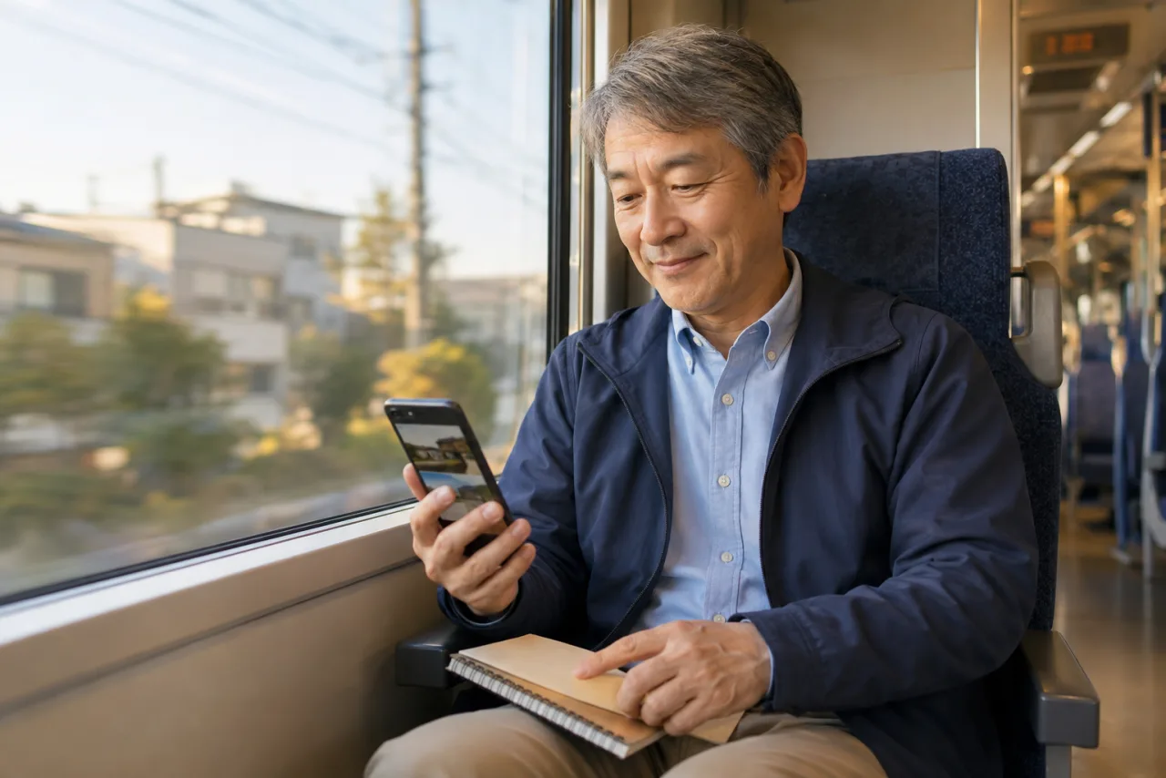 帰りの電車で温泉宿のページを開き、穏やかな表情を見せる男性
