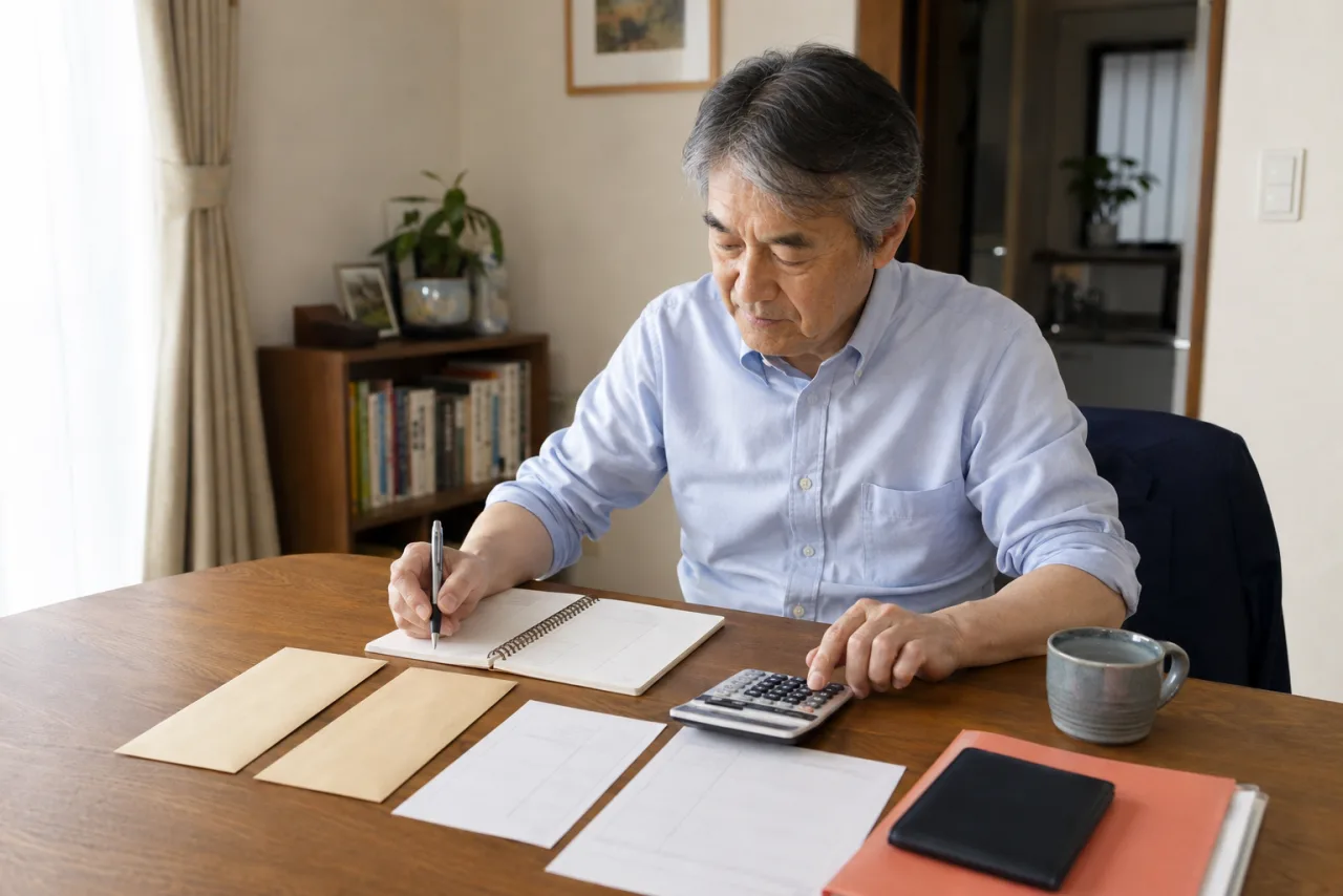 給与明細と二通の見積書をテーブルへ並べ、電卓で比較する65歳の男性