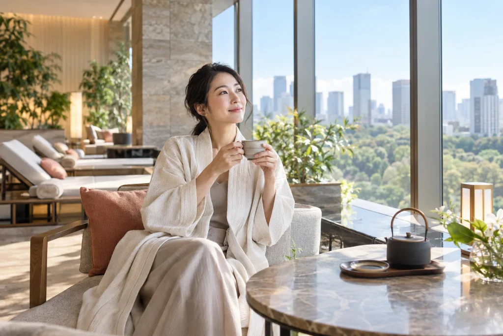 ホテルスパのラウンジで温かいお茶を両手で持ってくつろぐ一人の女性