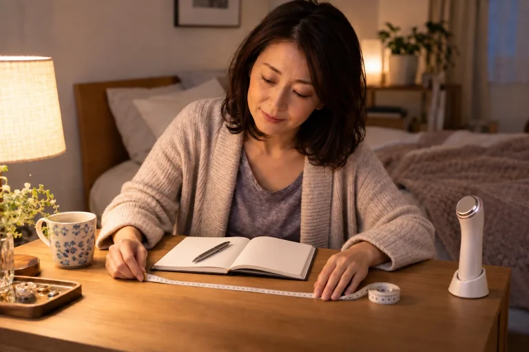 美容家電の置き場所を決めるため机でメジャーを広げる女性