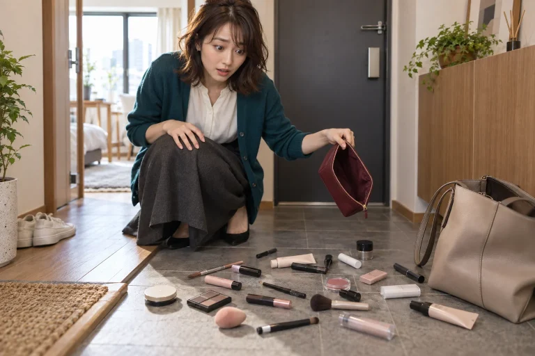 月曜の朝、玄関へ散らばった化粧品と開いたポーチを見て驚く葵さん