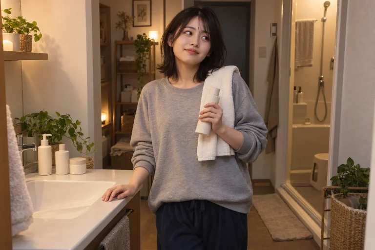 金曜の夜、洗面台の前でボディケア用品を手にして今夜の過ごし方を考える栞さん