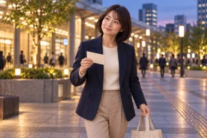 予約後の青い夕暮れの駅前を歩き、確認メモとバッグを持つ葵さん