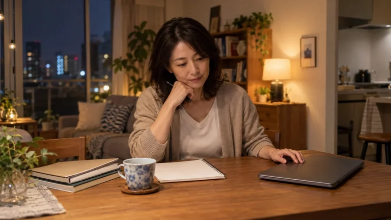 夜の机で学び直しの選択肢を考える美咲さん