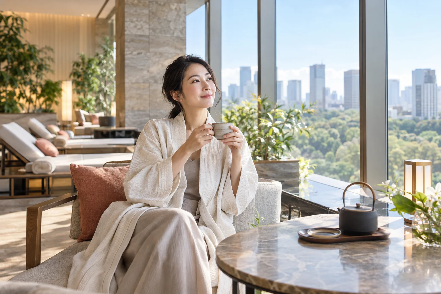 ホテルスパのラウンジで温かいお茶を両手で持ってくつろぐ一人の女性