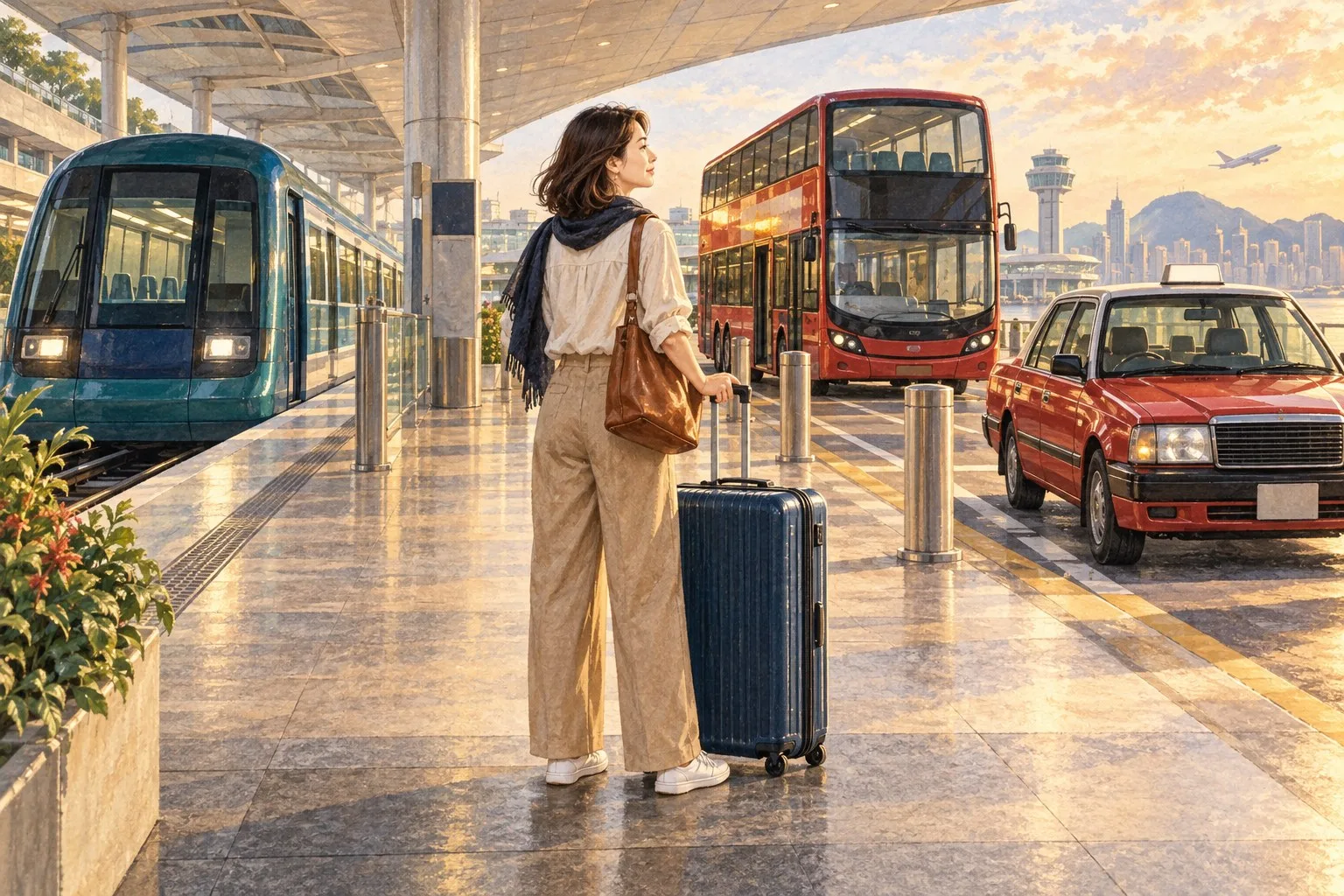香港国際空港でAirport Express・空港バス・タクシーから移動手段を選ぶ一人旅の情景イラスト