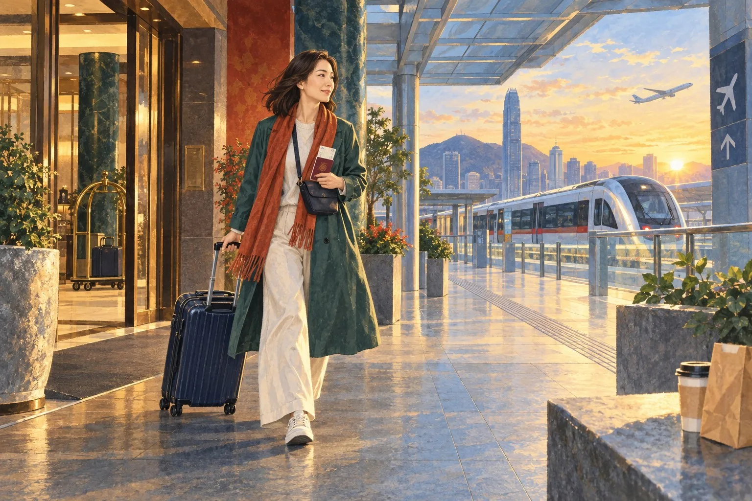 香港のホテルから早朝にスーツケースを引いて空港鉄道へ向かう一人旅の情景イラスト