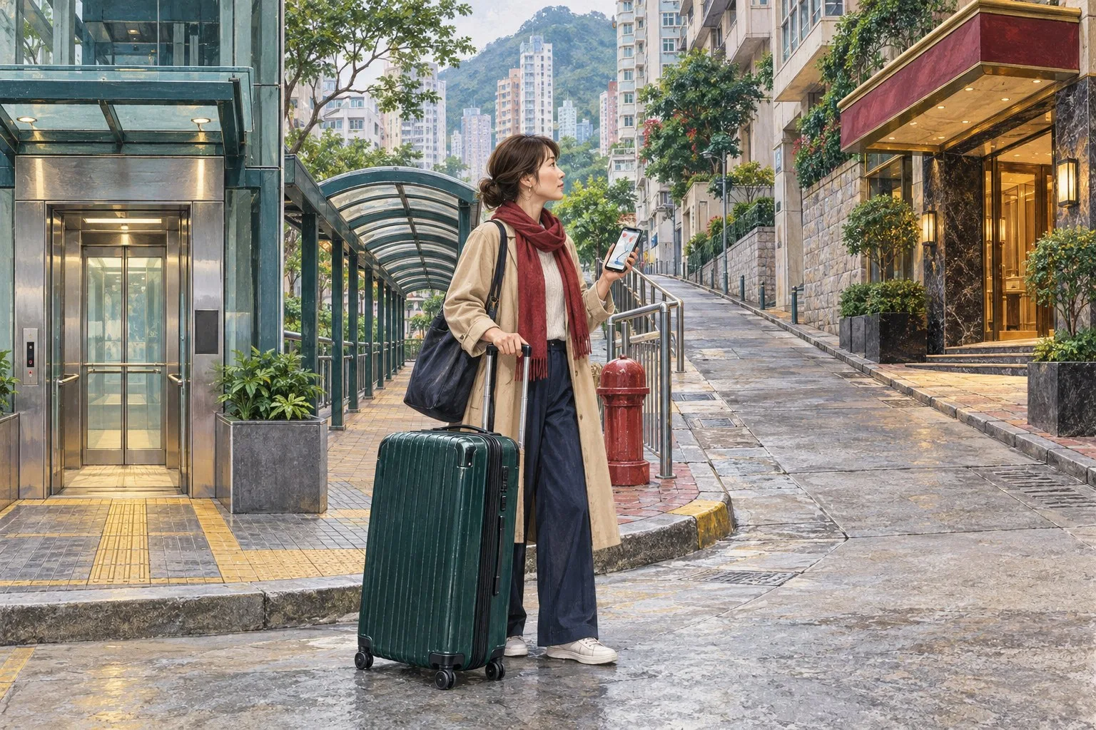香港のMTRエレベーター出口からホテルまでの坂と屋根のある動線を確認する一人旅の情景イラスト