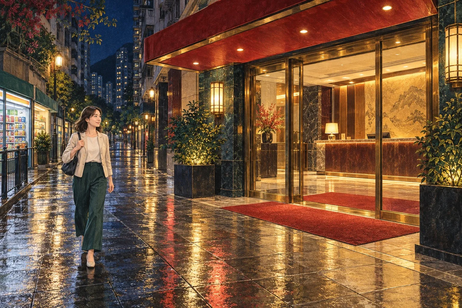 雨上がりの香港で明るい一本道からホテル入口へ戻る一人旅の情景イラスト