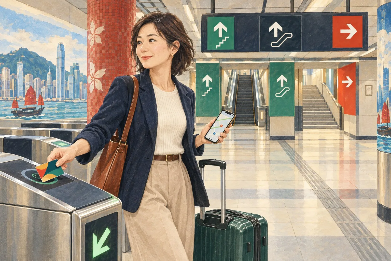 香港MTRの改札でOctopusをかざし駅出口を確認する一人旅の情景イラスト