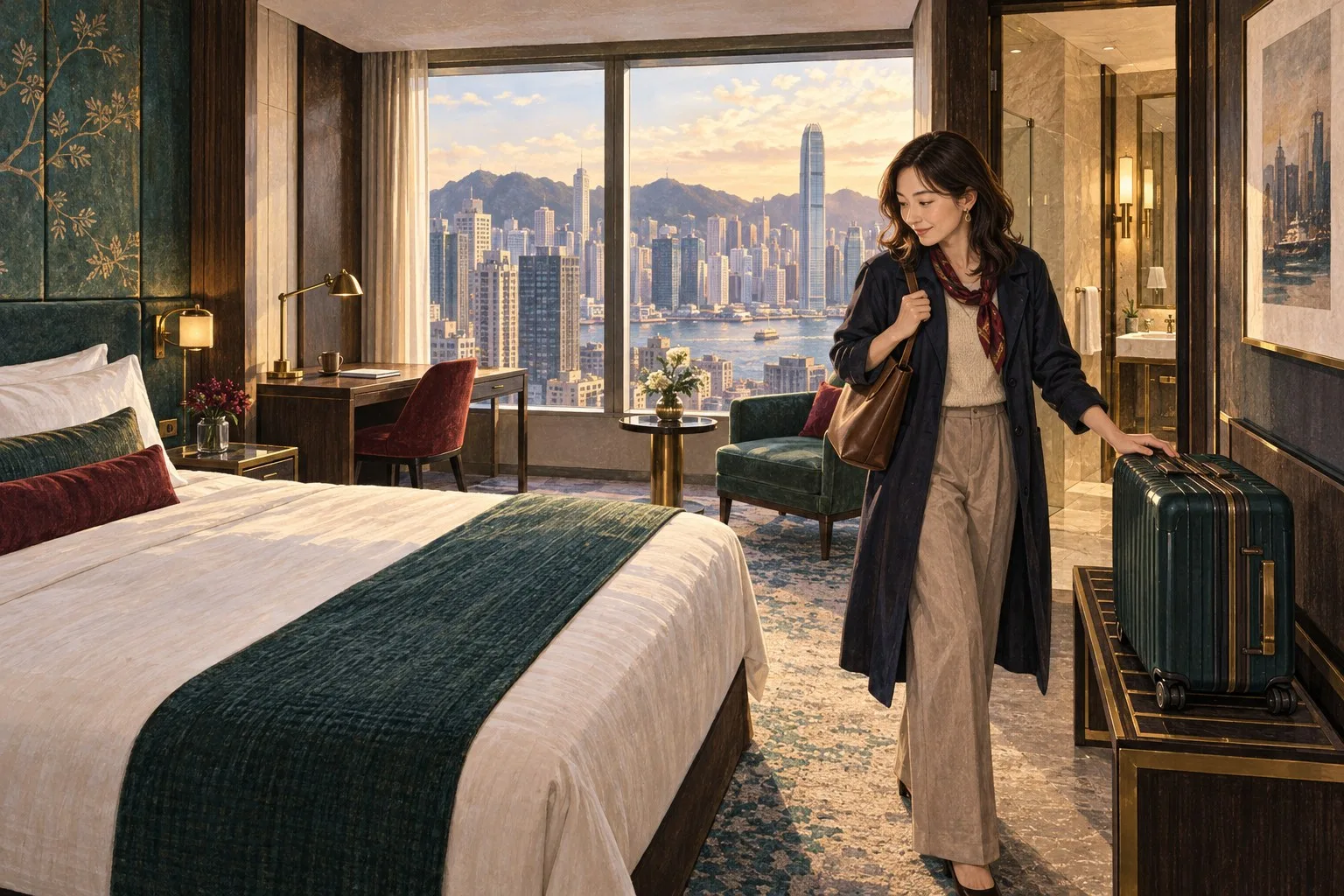 香港のホテル客室でベッド・机・スーツケース置場・浴室動線を確認する一人旅の情景イラスト