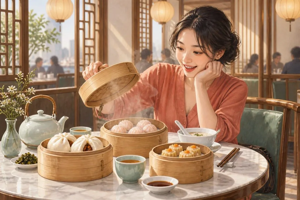 香港の茶楼で一人分の飲茶を楽しむ朝の情景イラスト