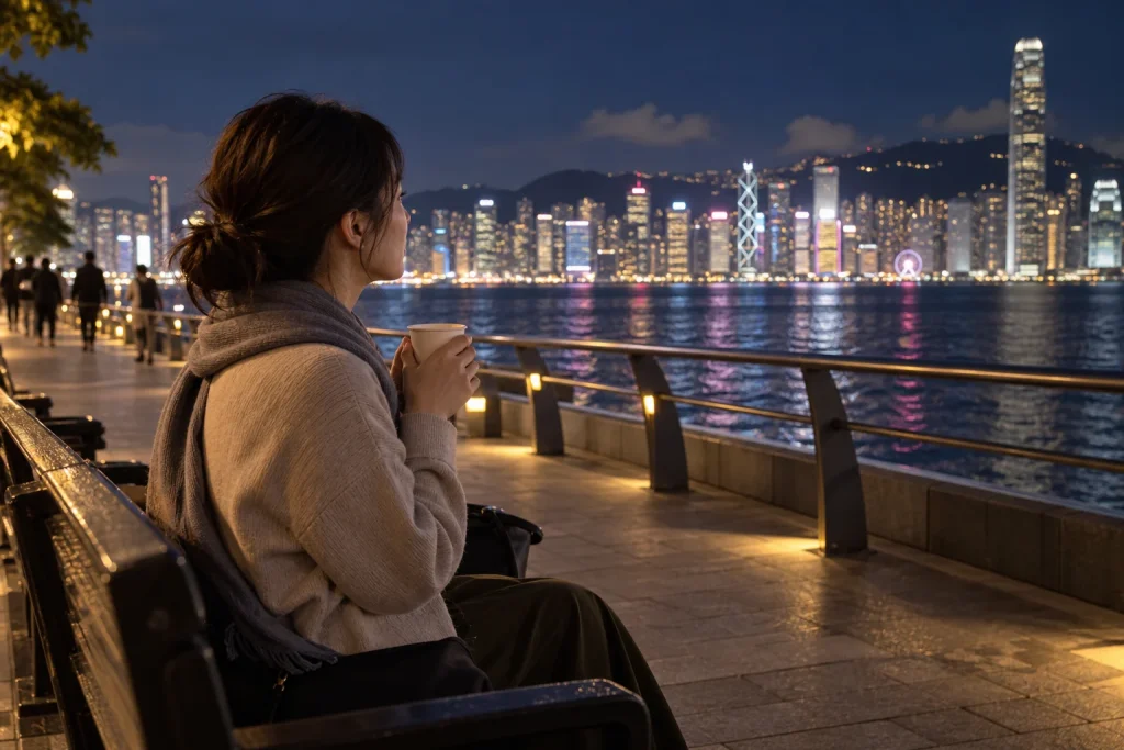 夜のビクトリアハーバーを見ながら温かい飲み物を持つ一人旅の女性
