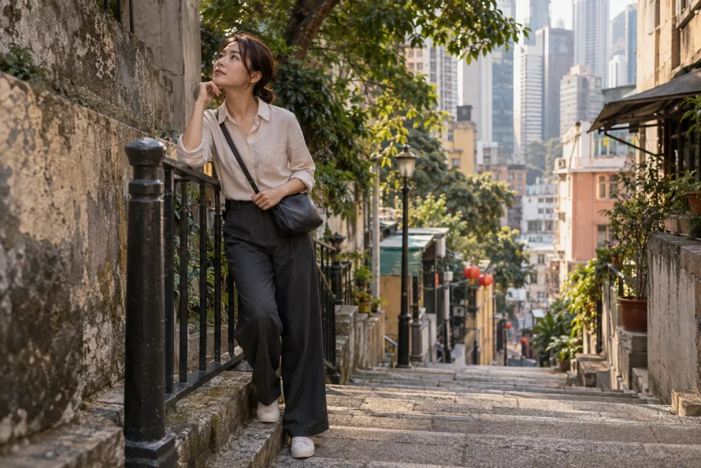 中環の坂道と二階建てトラムを一人で歩く香港旅行の情景イラスト
