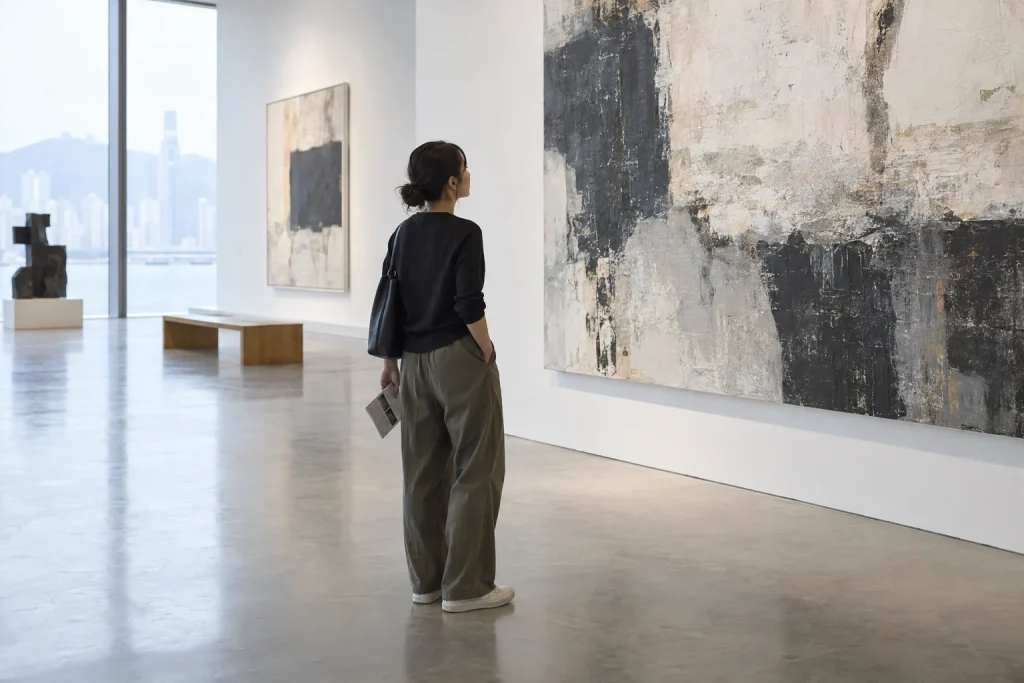 美術館で作品を静かに見つめる一人旅の女性