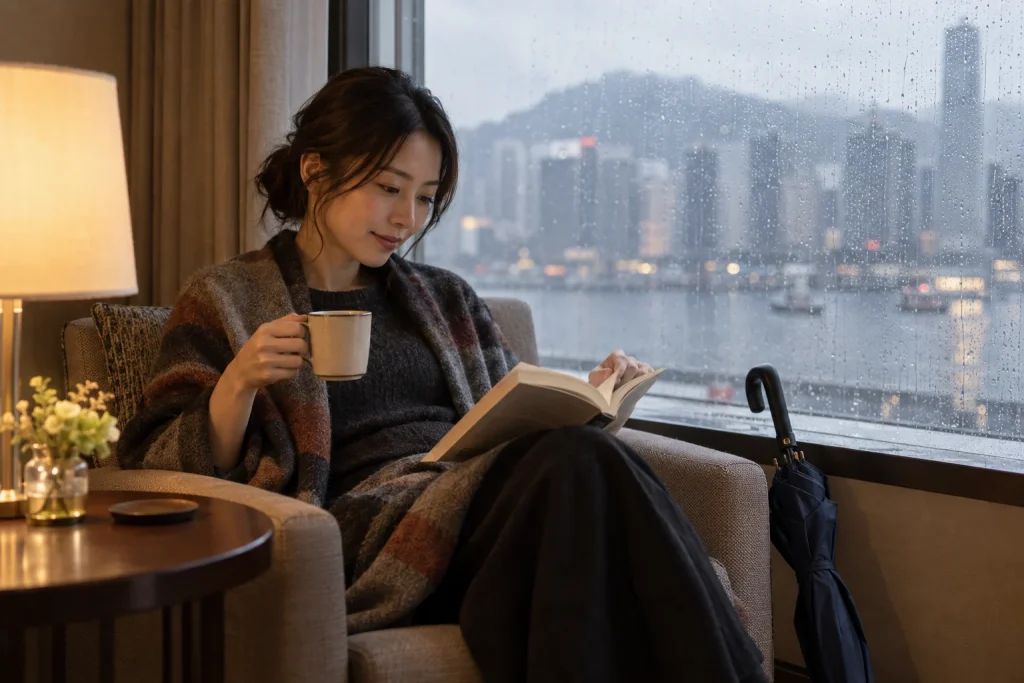 雨の窓辺で本と温かい飲み物を楽しむ一人旅の女性