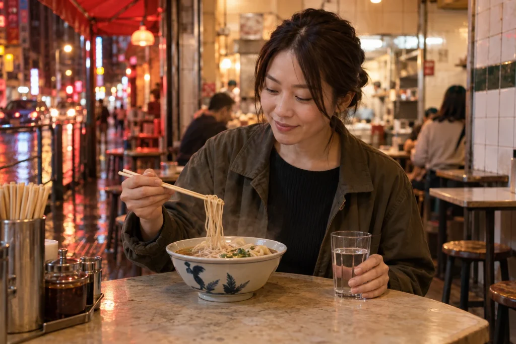 夜の香港の小さな食堂で一人分の麺を食べる女性