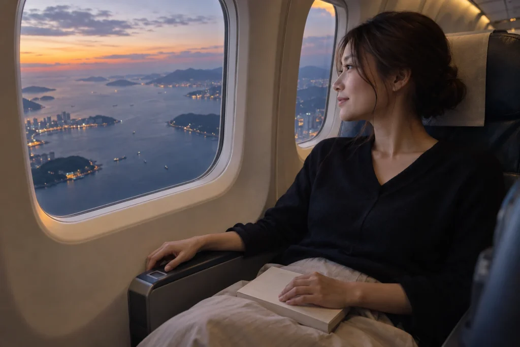 機内の窓から夕暮れの海と島を眺める一人旅の女性
